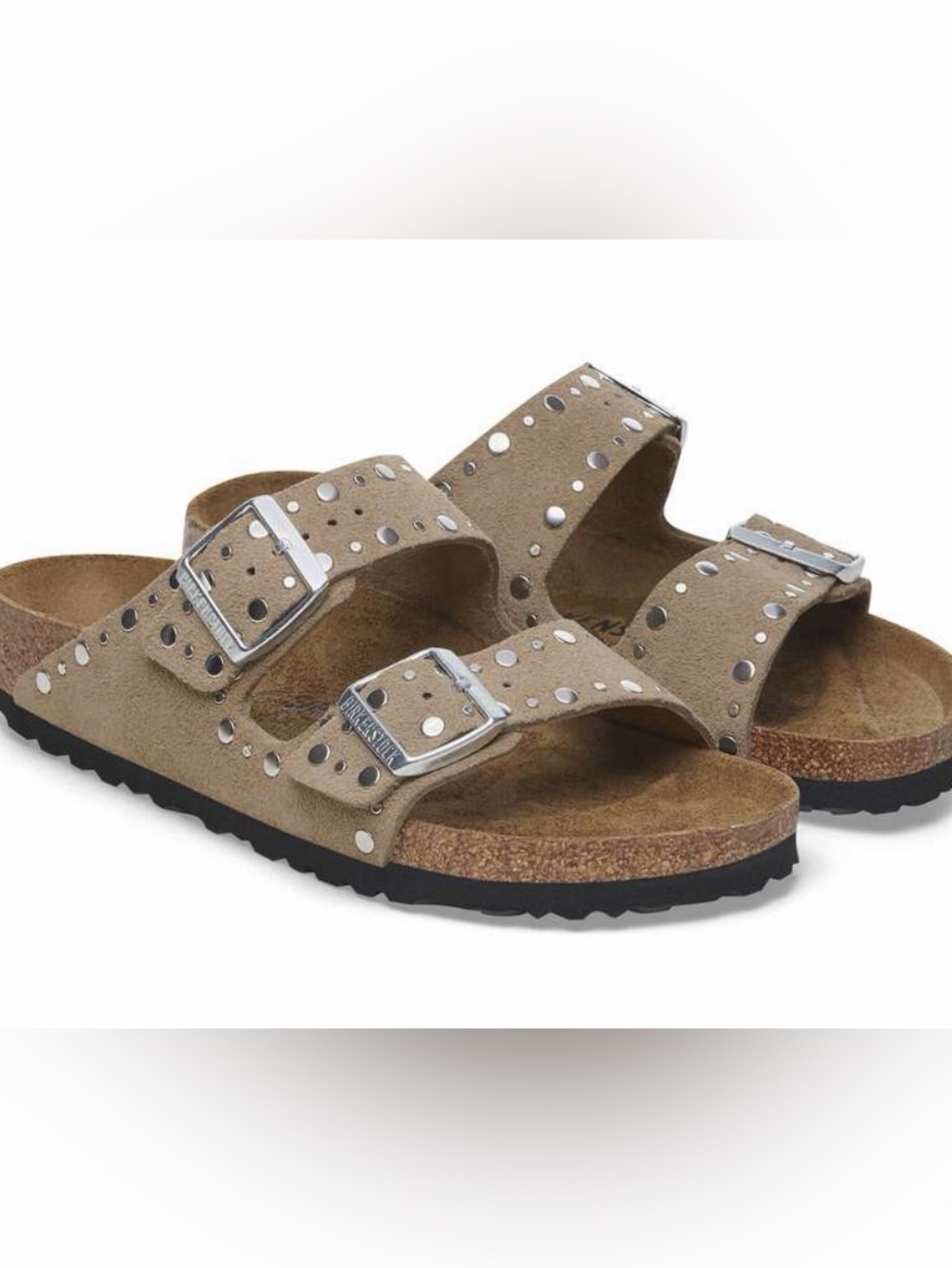 Birkenstock Arizona Rivets Two-Strap Studded Sandal - Taupe with Silver Accents